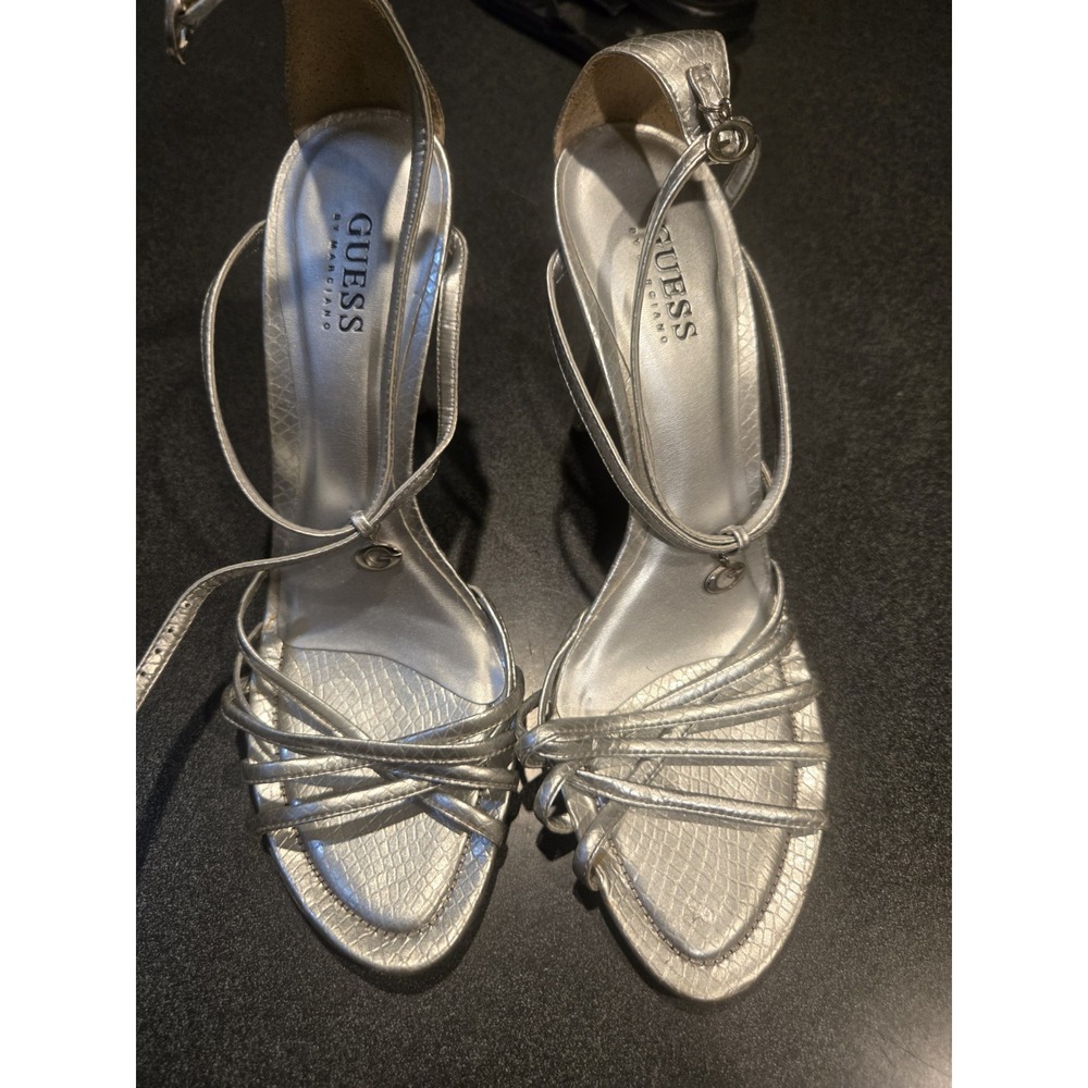 GUESS By Marciano Silver Strappy Ankle Wrap Heels Sandals Womens Size 7M